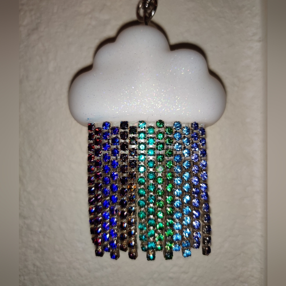 NWOT RARE Customized Rain Cloud Rainbow Pocketbac Holder Keychain Aqua Teal